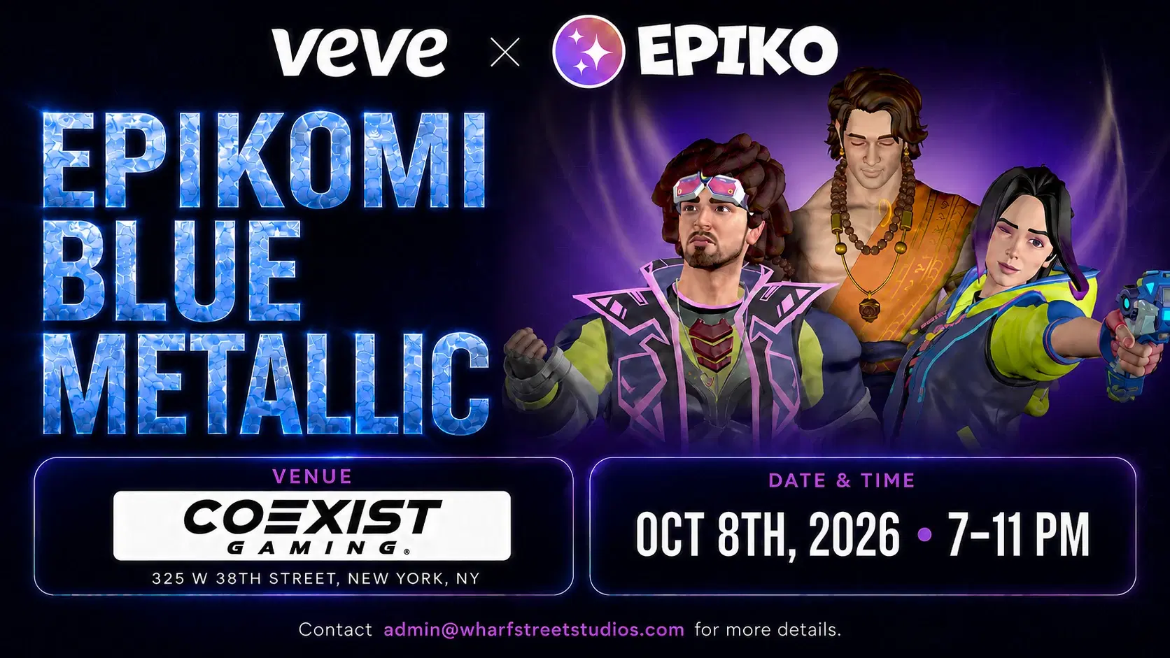 Epikomi Blue Metallic Event at Coexist Gaming — Thursday, October 8, 2026, 7:00 PM – 11:00 PM ET. 325 W 38th Street, New York, NY.